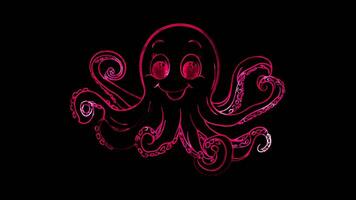 Neon frame effect, Octopus octopus with long, wavy tentacles and a cheerful expression on black background video