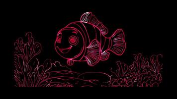 Neon frame effect, Clownfish playful smile on black background video