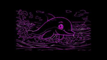 Neon frame effect, Dolphin smiling dolphin with big eyes and playful waves around it on black background video