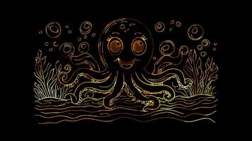 Neon frame effect, Octopus octopus with long, wavy tentacles and a cheerful expression on black background video