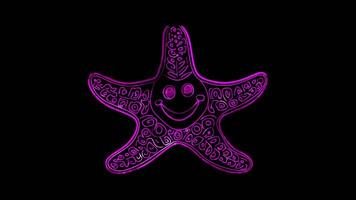 Neon frame effect, Starfish starfish with a friendly face and patterns on its arms on black background video