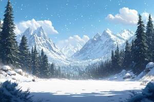 Snow covered mountains under a clear blue sky on a sunny winter day in a tranquil landscape photo