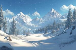 Snow covered mountains under a clear blue sky on a sunny winter day in a tranquil landscape photo