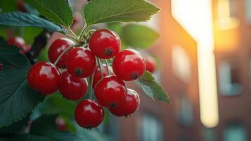Close up view of vibrant red berries on a plant in a serene outdoor setting photo