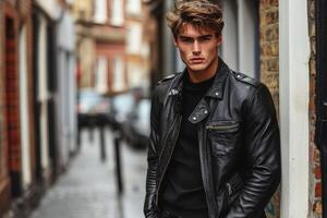 Young man in leather jacket walks through a bustling city street on a cloudy day photo