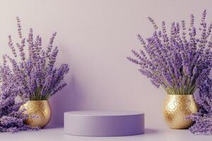 Lavender bouquet in a golden vase beside a round purple pedestal on a wooden table photo