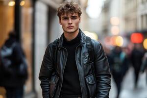 Young man in leather jacket walks through a bustling city street on a cloudy day photo