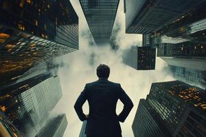 A man gazes up at towering skyscrapers under a dramatic sky in an urban setting at dusk photo