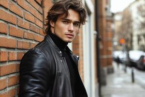 Young man in leather jacket walks through a bustling city street on a cloudy day photo