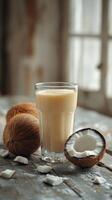 Creamy coconut milk in a glass surrounded by fresh coconuts and shredded coconut on a surface photo