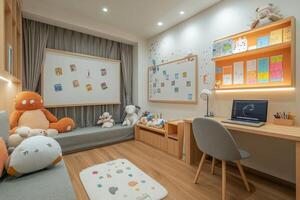 Cozy study corner with plush toys and a neatly arranged workspace in a modern home photo