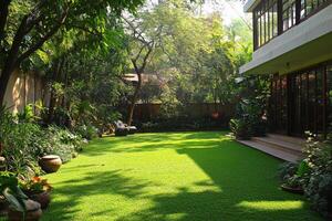 A modern house surrounded by lush greenery and a well maintained lawn in bright daylight photo
