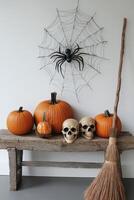 Decorative Halloween display with pumpkins, skulls, and a spider web in a cozy interior setting photo