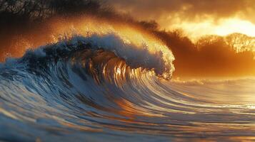 Golden waves cresting at sunset near a tranquil coastline during the evening hours photo