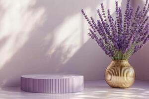 Lavender bouquet in a golden vase beside a round purple pedestal on a wooden table photo