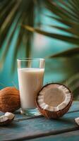 Creamy coconut milk in a glass surrounded by fresh coconuts and shredded coconut on a surface photo