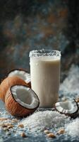 Creamy coconut milk in a glass surrounded by fresh coconuts and shredded coconut on a surface photo