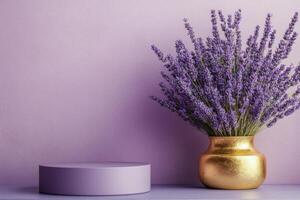 Lavender bouquet in a golden vase beside a round purple pedestal on a wooden table photo