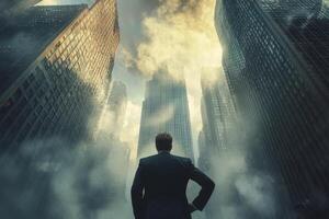 A man gazes up at towering skyscrapers under a dramatic sky in an urban setting at dusk photo