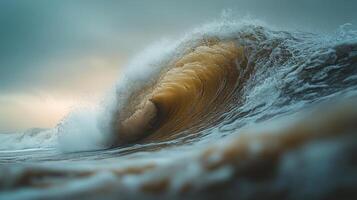 Golden waves cresting at sunset near a tranquil coastline during the evening hours photo