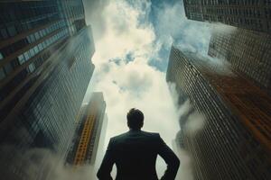 A man gazes up at towering skyscrapers under a dramatic sky in an urban setting at dusk photo
