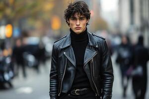 Young man in leather jacket walks through a bustling city street on a cloudy day photo