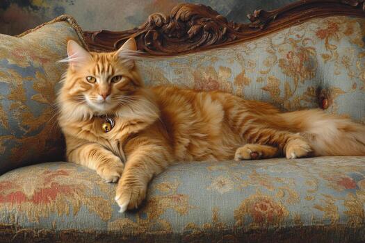 A relaxed orange cat lounging on a patterned couch in a cozy living room setting photo