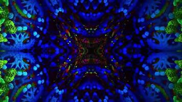 Abstract Glowing Colorful Neon Light Wave Symmetrical Motion Background. Looping futuristic kaleidoscope digital particles mesh abstract motion. For cyber technology intro BG, VJ loop, transition FX video