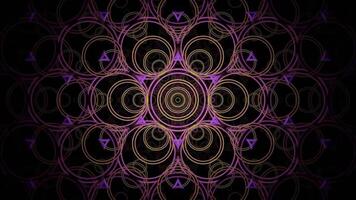 Abstract seamless looped animation of psychedelic kaleidoscopic patterns, trippy glowing lights, triangles and reflections. Blue, purple and orange LSD DMT kaleidoscope video