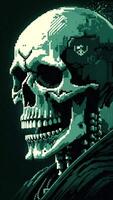 A pixelated skull with a green background video