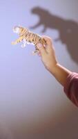 vertical girl plays with shadow of toy tiger on wall. Projecting shadow video
