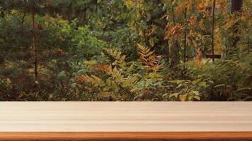 empty wooden table top on blur, The table above is for an attractive and aesthetic product display with a moving leaf background to make the display very attractive. video