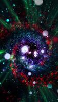 A mesmerizing explosion of neon multi-colored shimmering particles forming spirals of cosmic energy. video