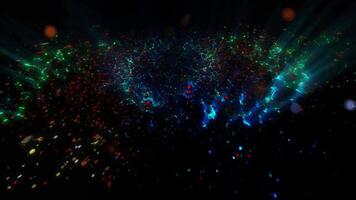 A mesmerizing explosion of neon multi-colored shimmering particles forming spirals of cosmic energy. video