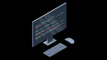 Isometric monitor with program code on screen animation. Computer programming with keyboard and mouse. Programming concept. Web development. Transparent background with alpha channel video