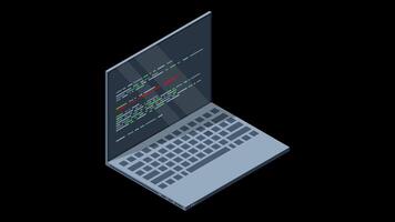 Isometric laptop with program code on screen animation. Programming concept. Web development. Transparent background with alpha channel video