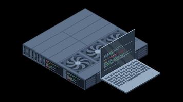 Isometric server animation. Server racks. Server boxes isolated. Network server room. Computer network technology. Transparent background with alpha channel video
