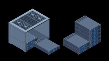 Isometric server animation. Server racks. Server boxes isolated. Network server room. Computer network technology. Transparent background with alpha channel video