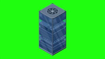 Isometric server animation. Server racks. Server boxes isolated. Network server room. Computer network technology. 4K animated in isometric style video