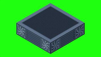 Isometric server animation. Server racks. Server boxes isolated. Network server room. Computer network technology. 4K animated in isometric style video