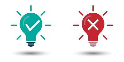 Light bulb with check mark or approval and cross X mark creative thinking ideas isolated on background illustration. vector