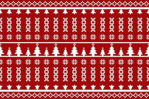 Christmas Pixel Pattern - Red and White Snowflakes and Christmas Trees Seamless vector