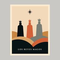 Minimalist Illustration of Los Reyes Magos Three Kings with Star and Colorful Hills Background vector