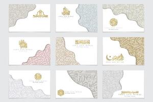 Eight Sets Isra and miraj greeting card islamic floral pattern design with arabic calligraphy for background, wallpaper. translation of text Two parts of Prophet Muhammad's Night Journey vector