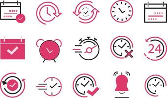 Set of clock icons with colorful designs isolated on white background. vector