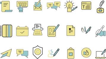 Copywriting symbols. Identity writers pen blog coding social content service production books letters articles flat colored icon. vector