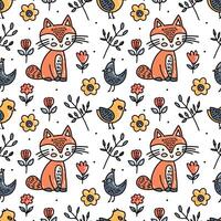 A sketch of foxes, leaves and flowers. A hand drawn illustration. Chicken and fox pattern. vector