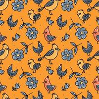 Birds, leaves and flowers. Colorful and whimsical illustration of various birds with floral accents on the background. vector