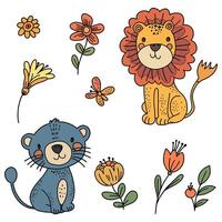Charming illustration of a cute lion cub, flowers and leaves. vector