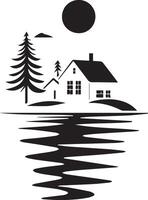 a house and a tree on a lake with a sun in the background vector
